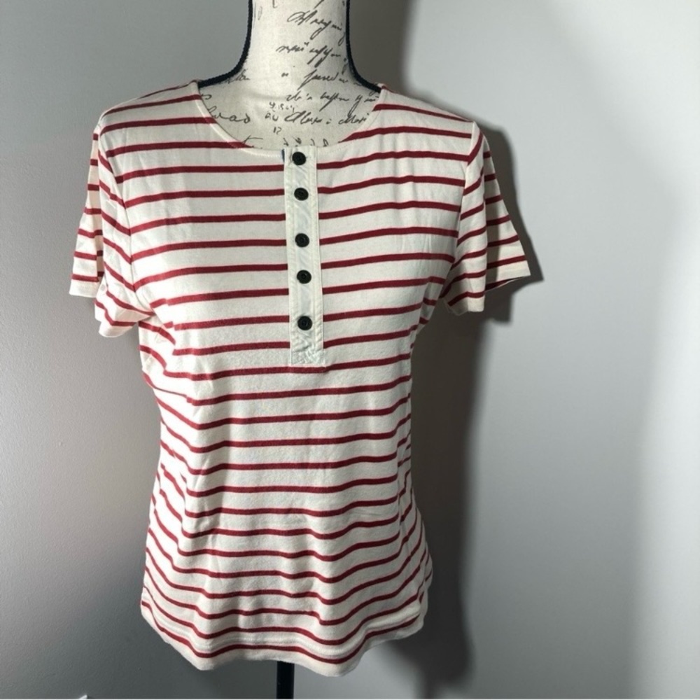 Ralph Lauren Breton Striped Short-Sleeve Henley Top Cream & Red Size L EUC